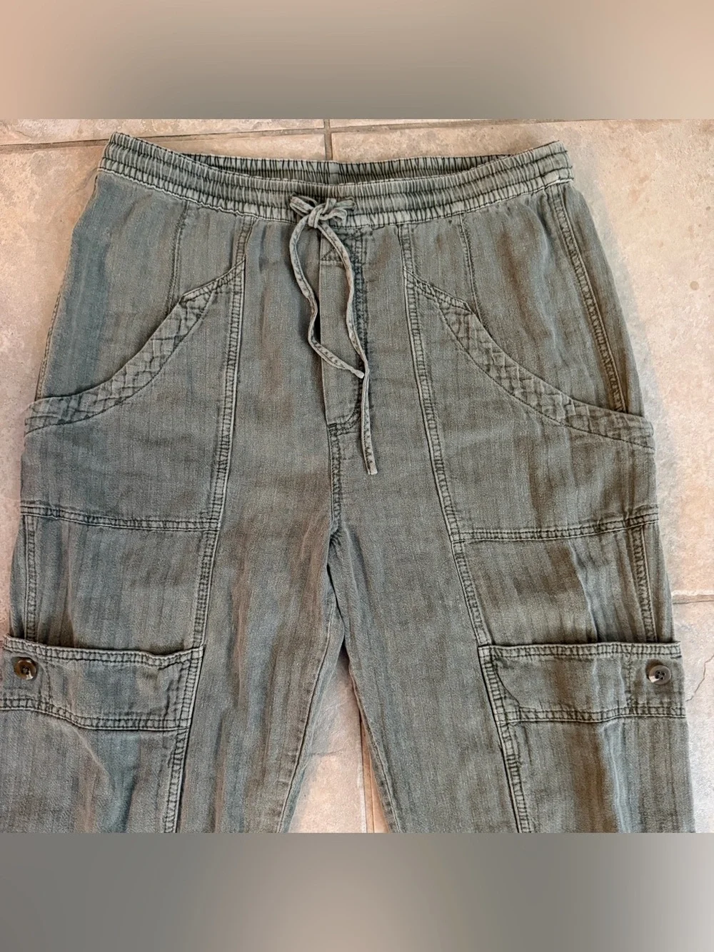 Free People Feelin’ Good Utility Pull On Linen Cotton Green Pants Size Medium